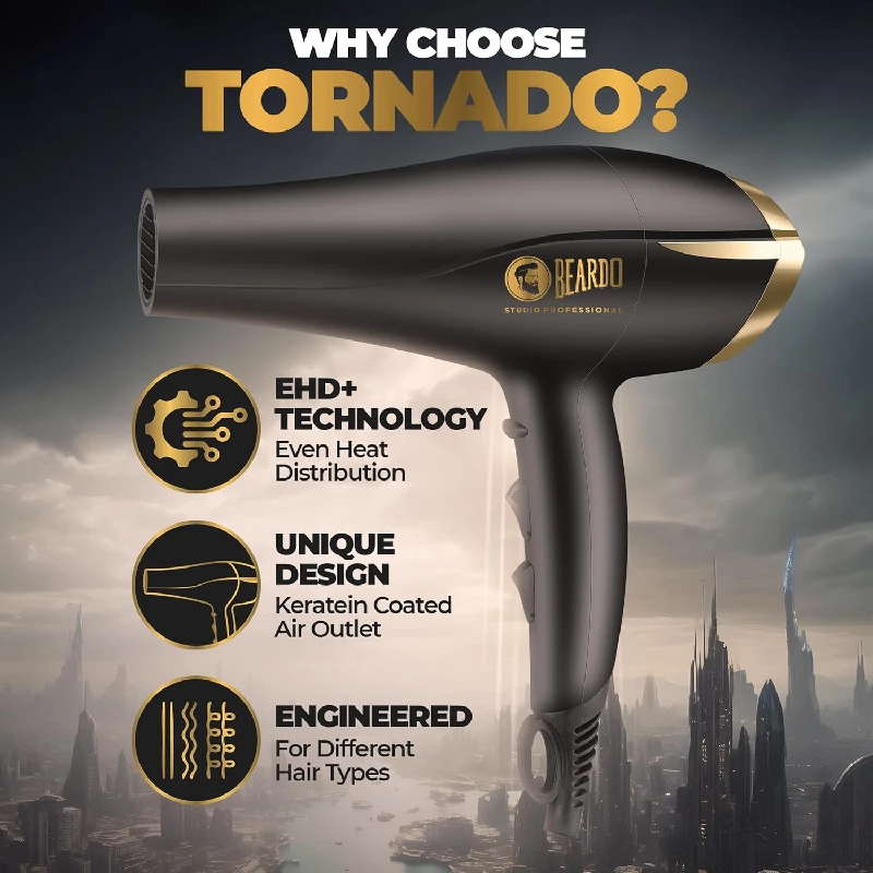 Beardo Studio Professional Tornado Hair Dryer With Concentrator, Diffuser, 2 Speeds, 3 Temperature Settings Combo Pack, 500 g-3.webp